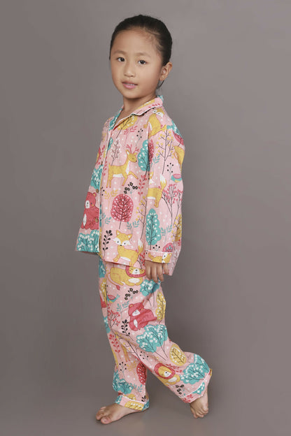 Breathables Kids Cotton Night Suit  Peach Lion & Teddy Shirt & Pyjama Co-Ord Set For Boys & Girls