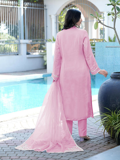 Nikhaar Light Pink Embroidered Modal Silk Stitched Straight Cut Kurta Pants Dupatta Readymade Suit