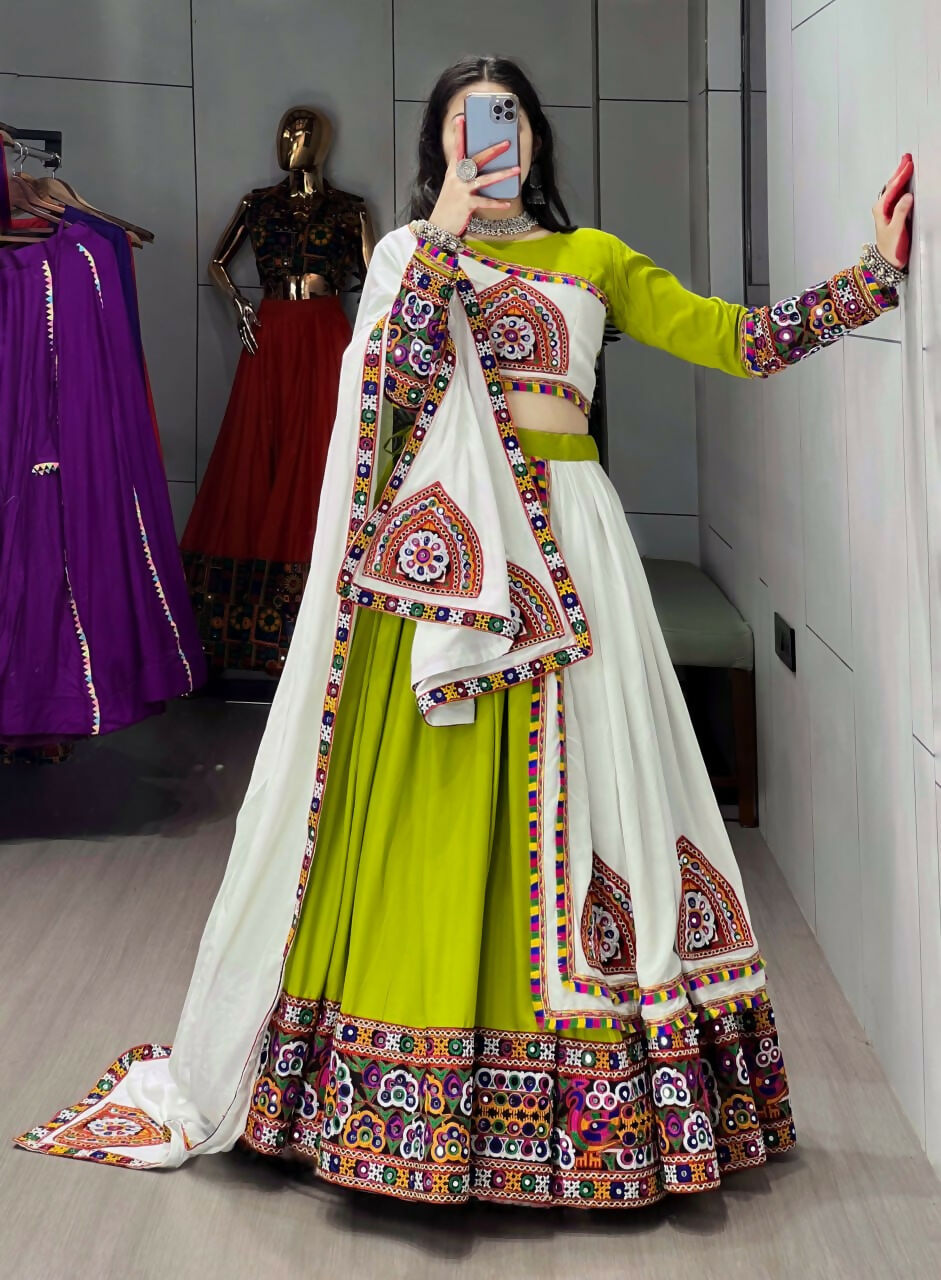 Yash Enterprise Green White Rayon Cotton Embroidery Semi Stitched Navratri Top Chaniya Choli