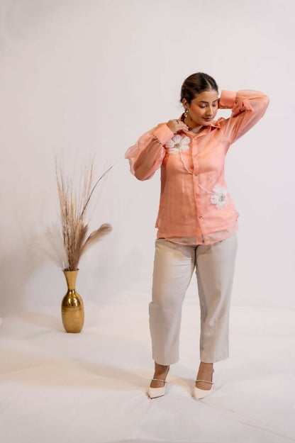 Timaraa Peach Coral Organza Shirt With Hand Embellished 3D Floral Motift