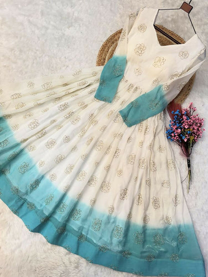 Teeya Creation Sky Blue and White Gradient Anarkali Gown with Gold Floral Motifs