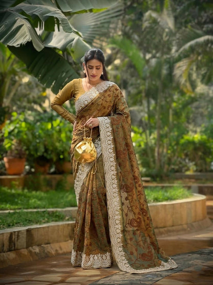 Teeya Creation New Trendy Latest Party Wear Two Tone Twill Net Saree-Gold