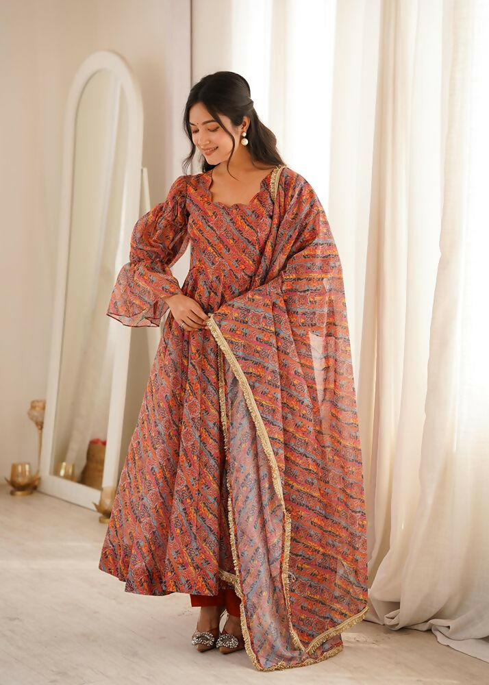 Teeya Creation Women's Multicolour Printed Ethnic Gown with Bell Sleeves and Designer Dupatta