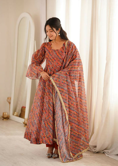 Teeya Creation Women's Multicolour Printed Ethnic Gown with Bell Sleeves and Designer Dupatta