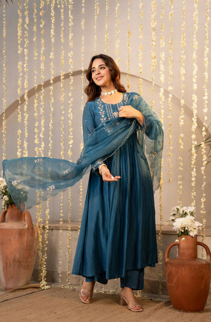 The52 Women's Beautiful Embroidery Work Chanderi Silk Fabric Flared Kurta Pant and Dupatta Set-Rama