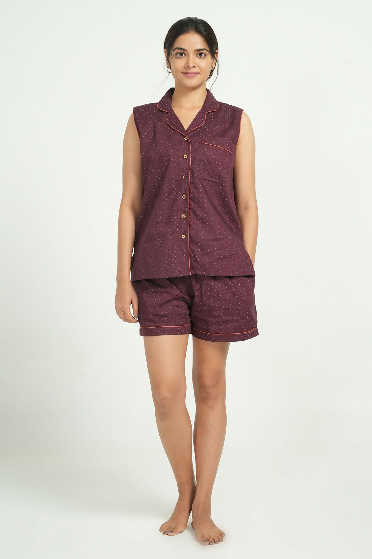Breathables Women Cotton Night Suit Shirt And Shorts Co-Ord Set Maroon I Nightwear | Loungewear Set