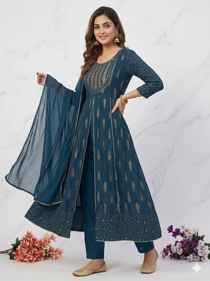 Teeya Creation Women's Teal Blue Fully Stitched Anarkali Suit With Pant And Dupatta
