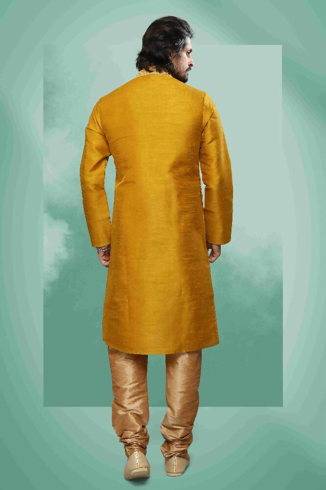 Raivat Ethnic Art Silk Mirror Embroidery Work Kurta Pajama In Mustard Colour
