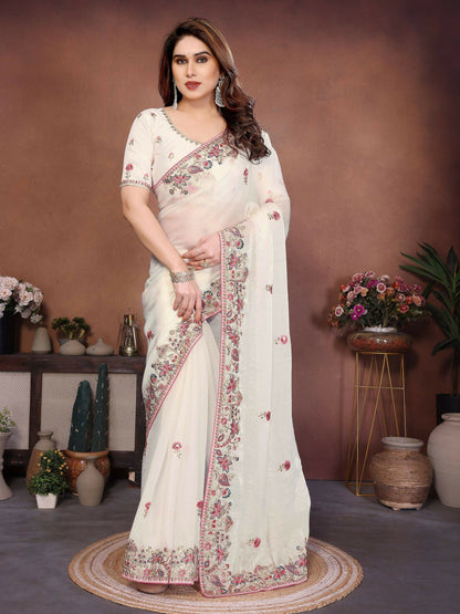 Teeya Creation New Womens Latest Party Wear Soft Chiffon Silk Saree-White