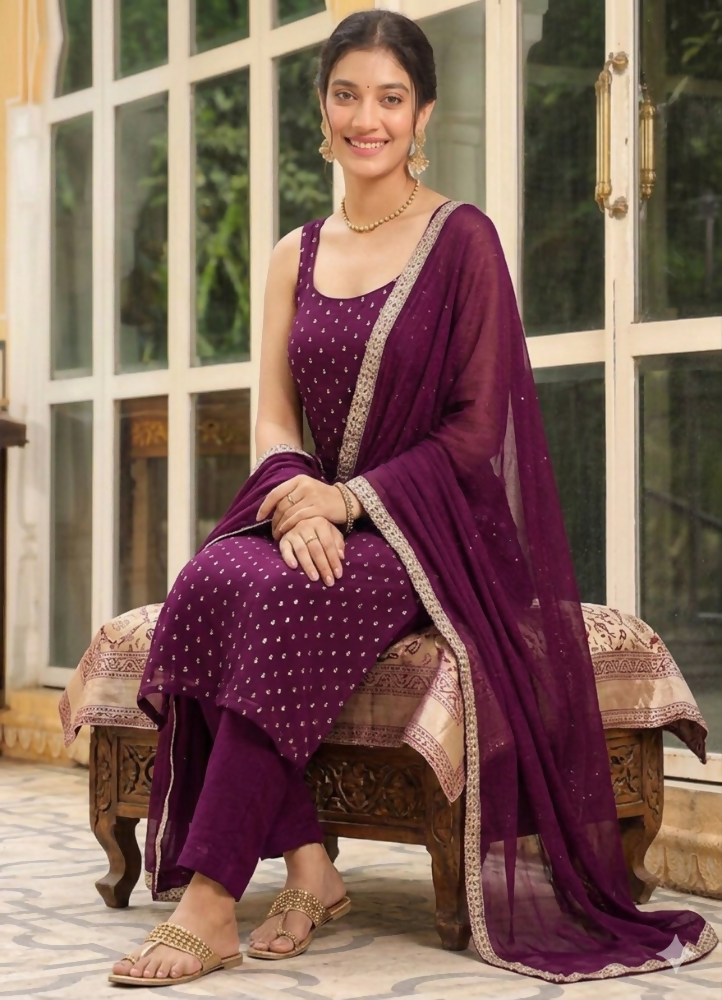 Teeya Creation Womens New Elegant Wine Embroidered Kurti with Matching Bottom Set