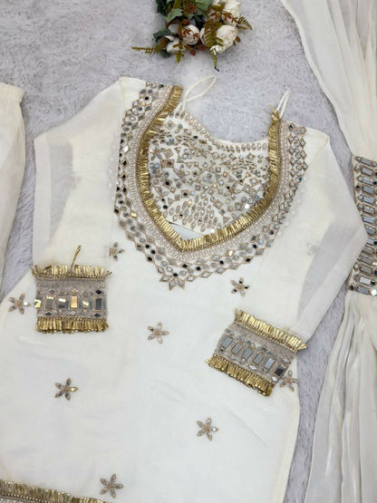 Teeya Creation New Trendy Stylish Real Mirror Work With Lace Border White Kurta Set