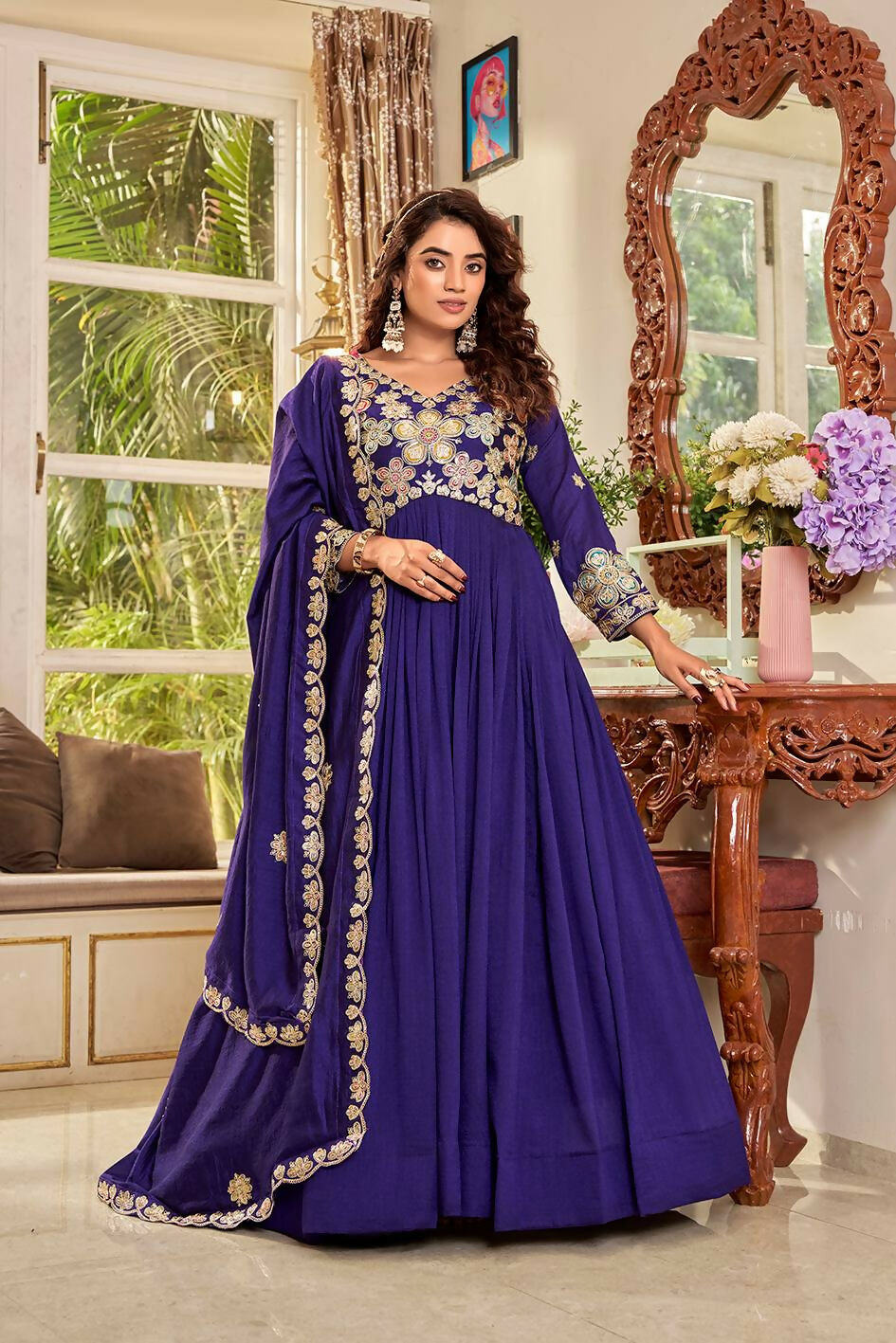 Teeya Creation Womens Casual Party Wear Heavy 5mm Sequence Embroidery Work Purple Gown Set