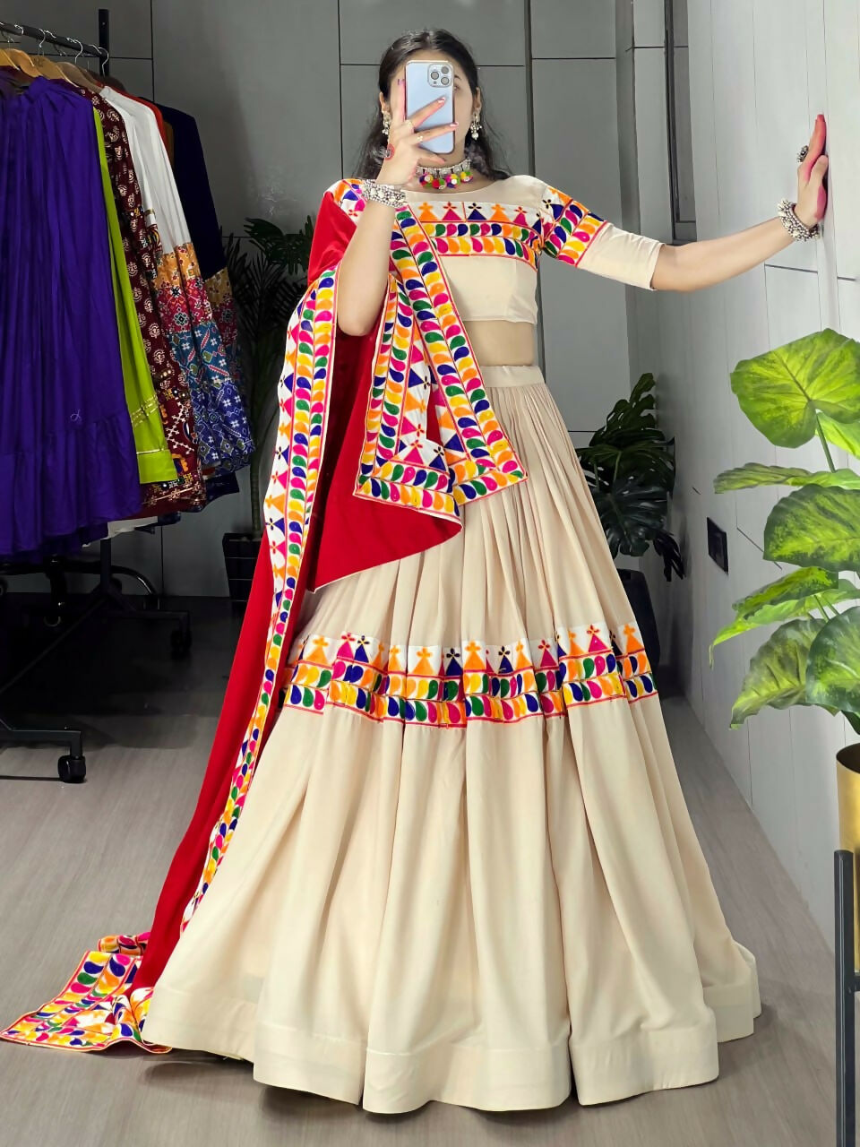 Yash Enterprise Cream Rayon Cotton Embroidery Semi Stitched Navratri Top Chaniya Choli