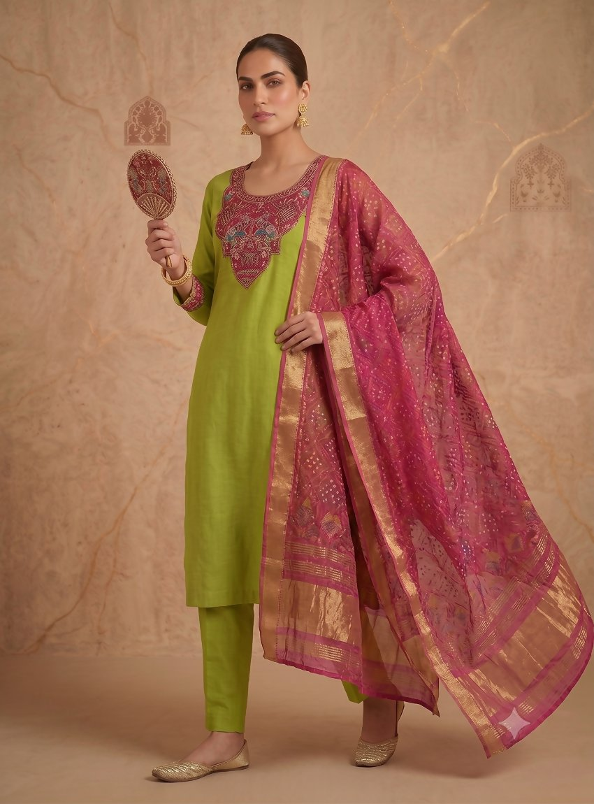 Teeya Creation Women Lime Green Embroidered Straight Kurta With Rani Pink Dupatta And Pant Set