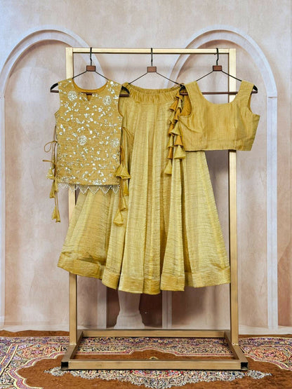 Lorenvalley Fashion Yellow Salsa Crush Plain Lehenga Choli with Koti