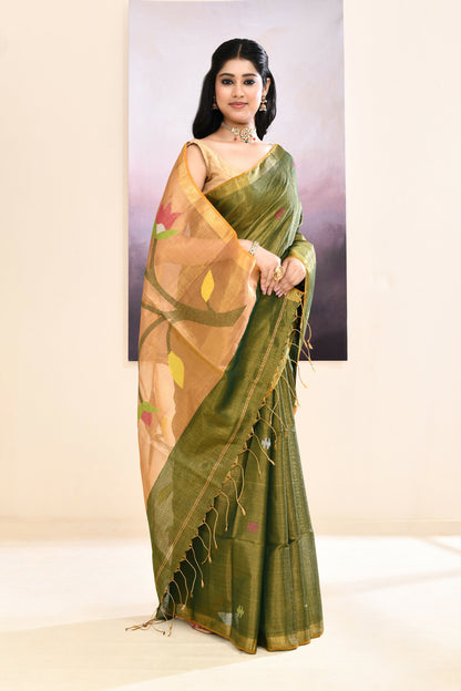 Piyari Fashion Women's Moss Green Embellished Tissue Jamdani Saree