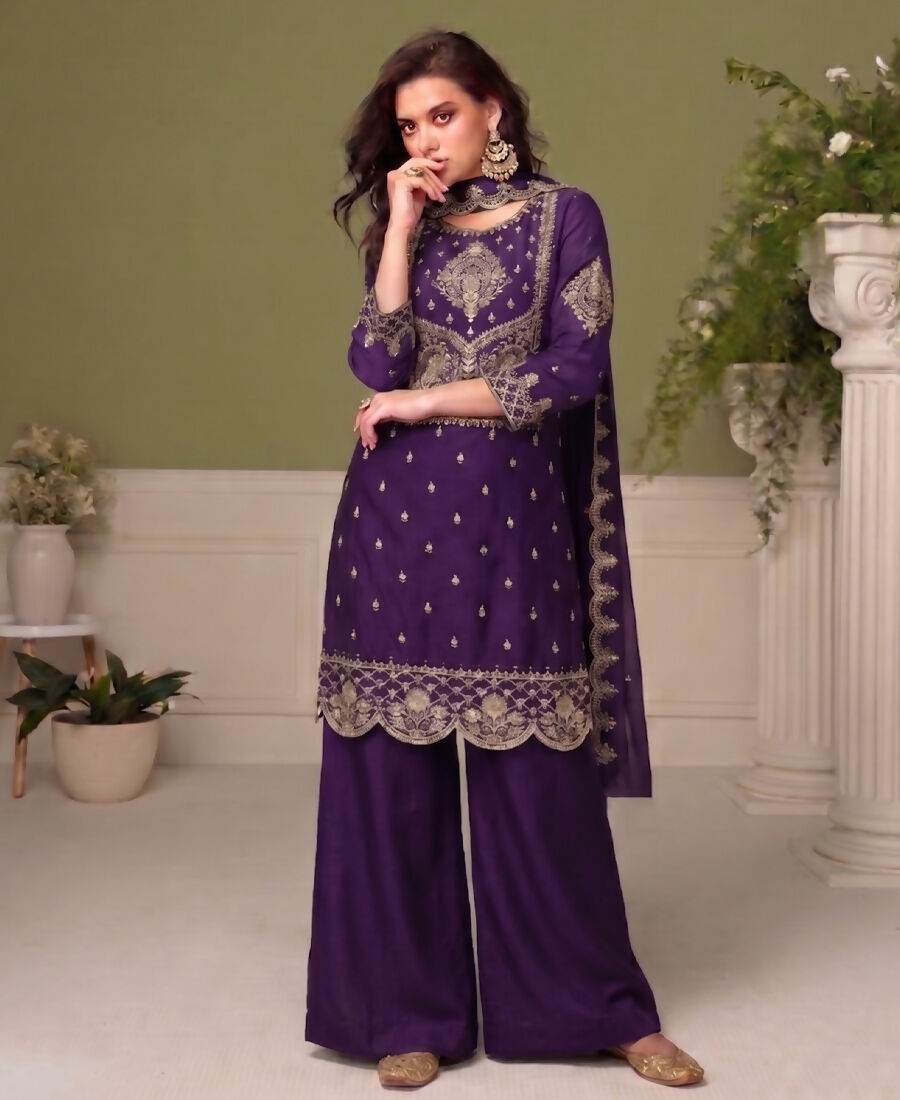 KC Purple Wedding Wear Embroidered Crush Silk Salwar Suit