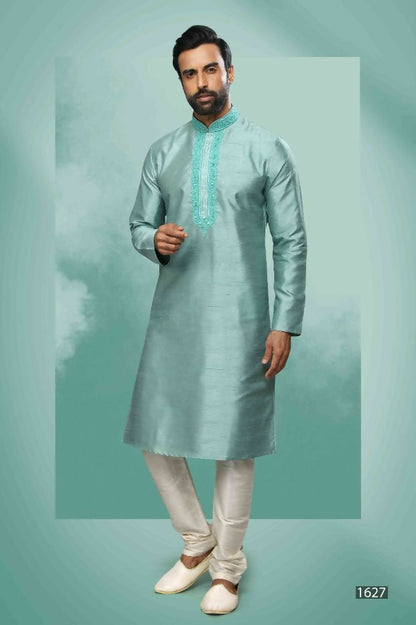Raivat Ethnic Art Silk Mirror Embroidery Work Kurta Pajama In Sea Green Colour