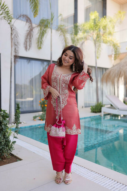 Teeya Creation Womens Wear Peach,Pink Color Viscose Fabric With Sequins & Coding Zari Embroidered Work Kurta Pant Set