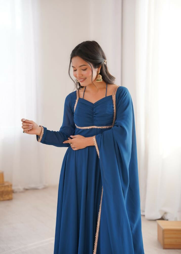 The52 Women's Gorgeous Solid Fox Blooming Georgette Fabric Flared Anarkali and Dupatta Set-Teal Blue