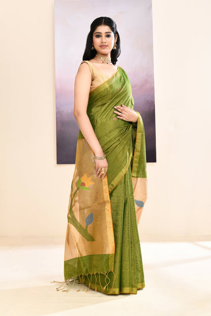 Piyari Fashion Women's Olive Embellished Tissue Jamdani Saree
