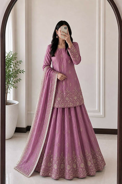Teeya Creation Womens New Latest Heavy Embroidery Sequins Work Lehenga Set - Pink