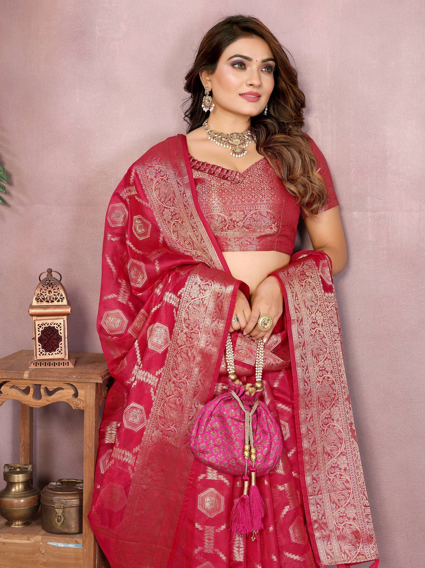 Aastha Fashion Magenta Soft Organza Silk Weaving Saree