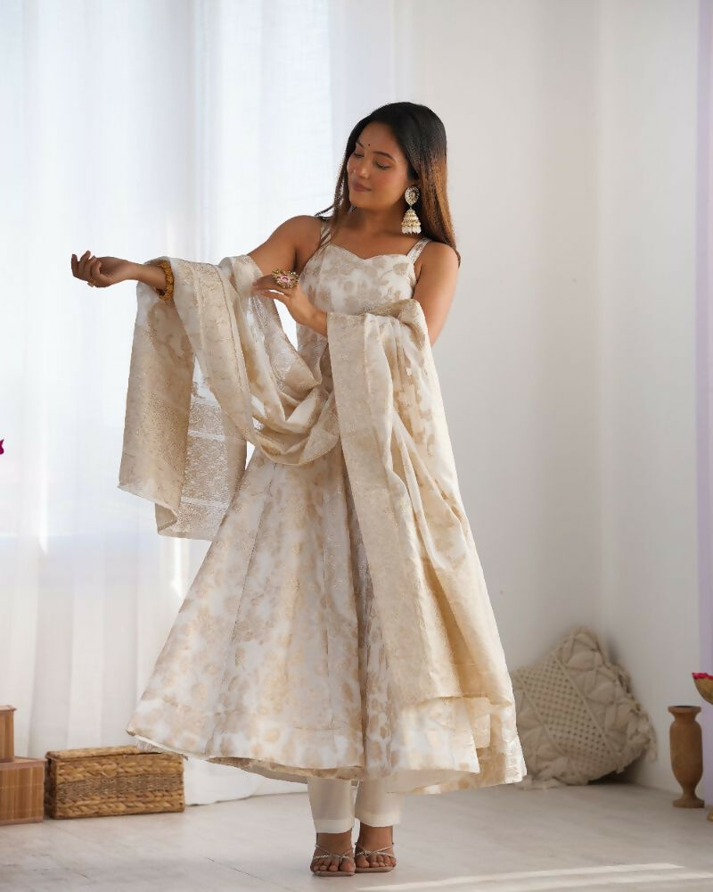 The52 Women's Gorgeous Jacquard Work Jacquard Silk Fabric Flared Anarkali Pant and Dupatta Set