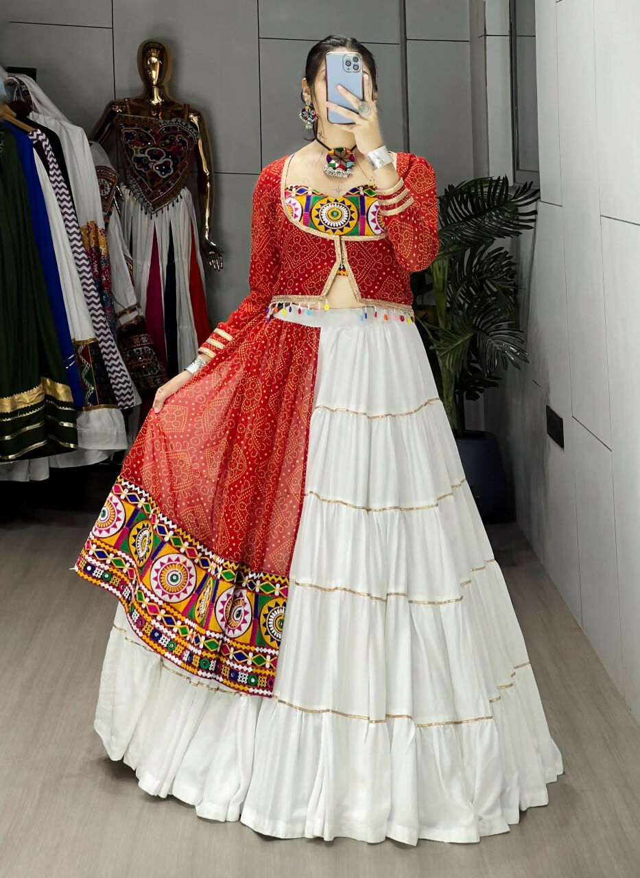 Yash Enterprise Red And White Rayon Cotton Embroidery Semi Stitched Navratri Top Chaniya Choli