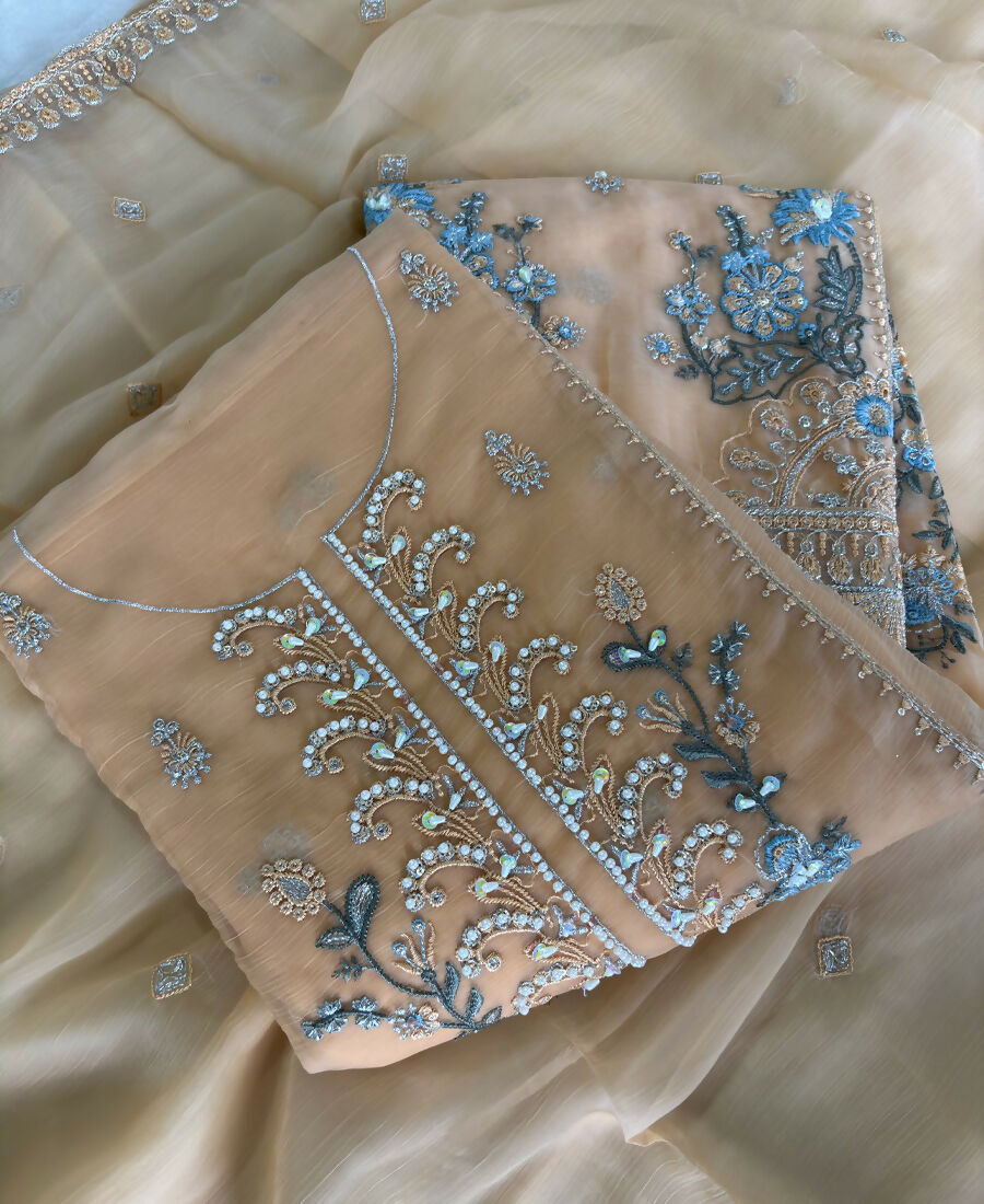 KC Heavy Chiffon Silk Yellow Hand Embroidered Straight Suit For Women Wedding