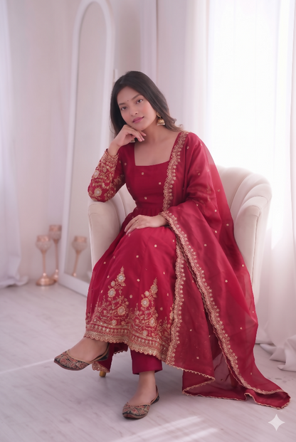 Teeya Creation Womens New Latest Trendy Elegant Red Embroidered Anarkali Suit Set with Scalloped Dupatta