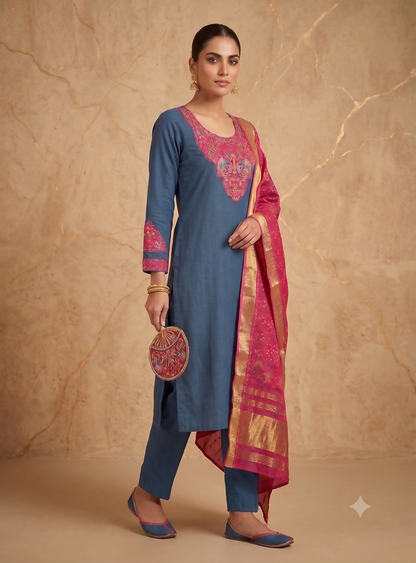 Teeya Creation Women Teal Blue Embroidered Straight Kurta With Magenta Dupatta And Pant Set