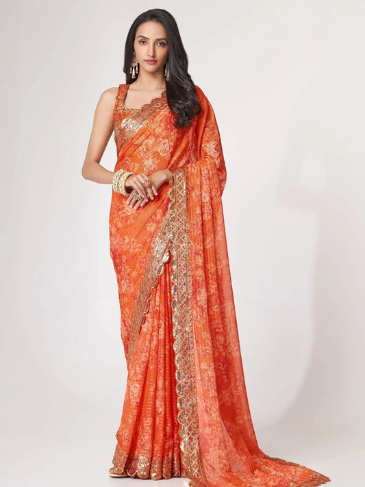 Tulsi Art Gorgeous Orange Floral Printed Organza Party Wear Saree With Blouse