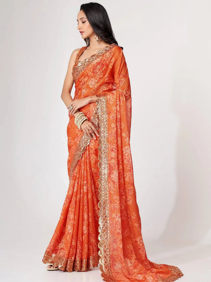 Tulsi Art Gorgeous Orange Floral Printed Organza Party Wear Saree With Blouse