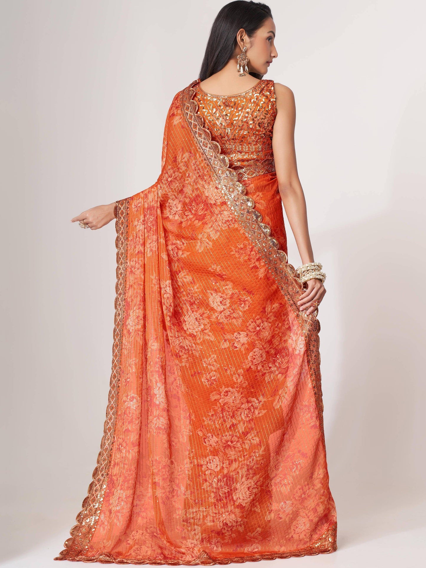Tulsi Art Gorgeous Orange Floral Printed Organza Party Wear Saree With Blouse