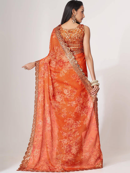 Tulsi Art Gorgeous Orange Floral Printed Organza Party Wear Saree With Blouse