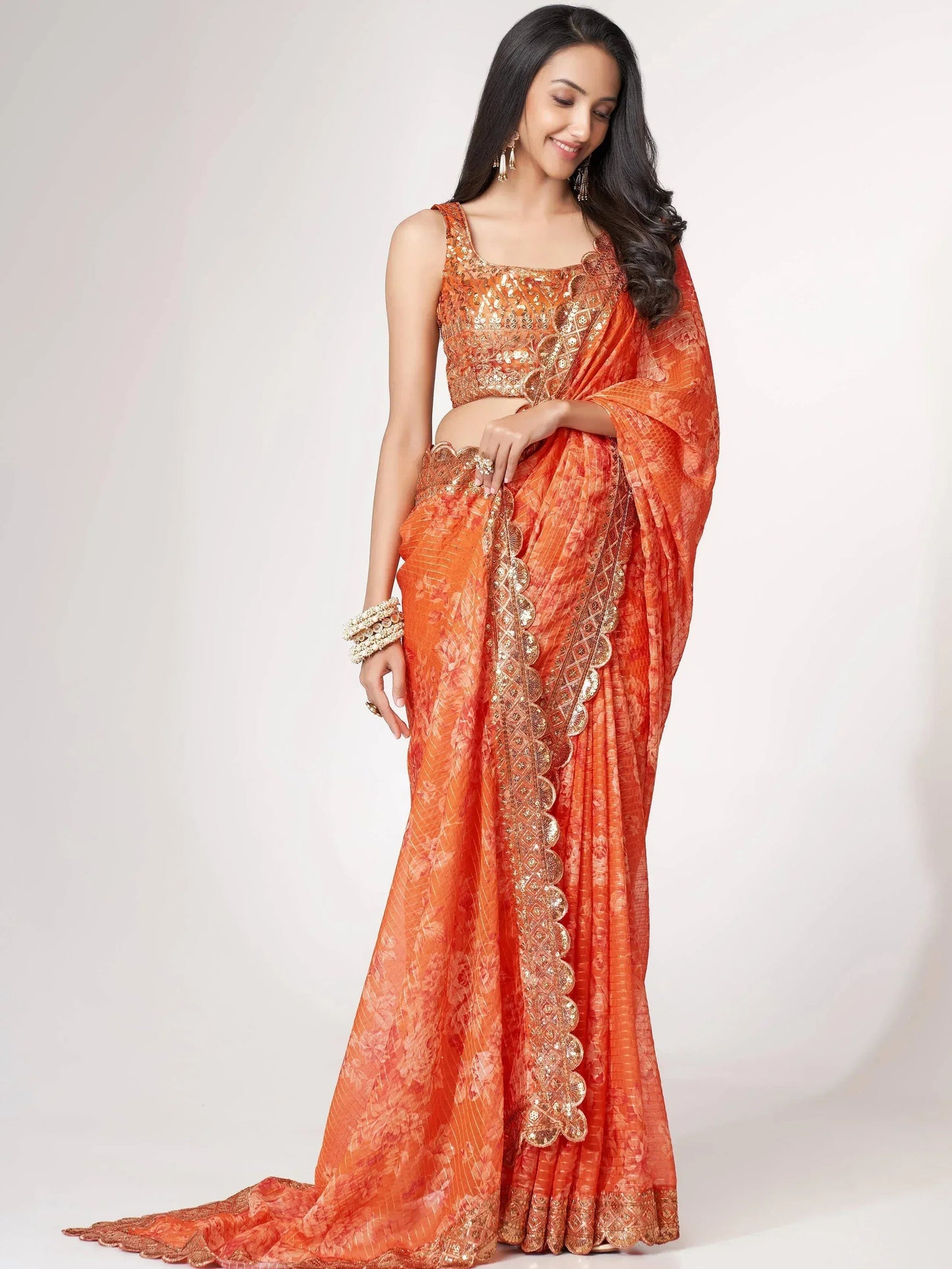 Tulsi Art Gorgeous Orange Floral Printed Organza Party Wear Saree With Blouse