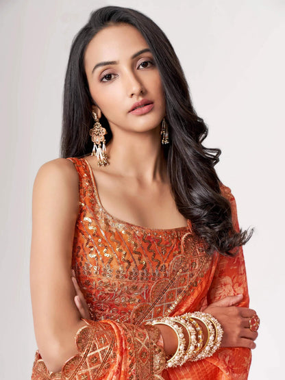 Tulsi Art Gorgeous Orange Floral Printed Organza Party Wear Saree With Blouse