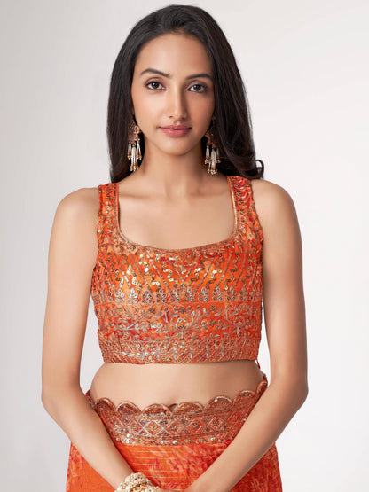 Tulsi Art Gorgeous Orange Floral Printed Organza Party Wear Saree With Blouse