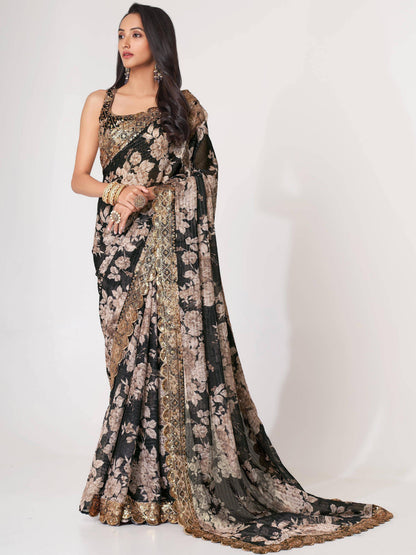 Tulsi Art Captivating Black Floral Printed Organza Events Wear Saree