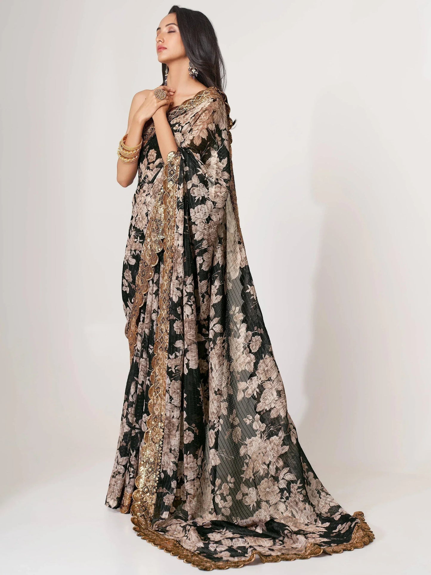 Tulsi Art Captivating Black Floral Printed Organza Events Wear Saree