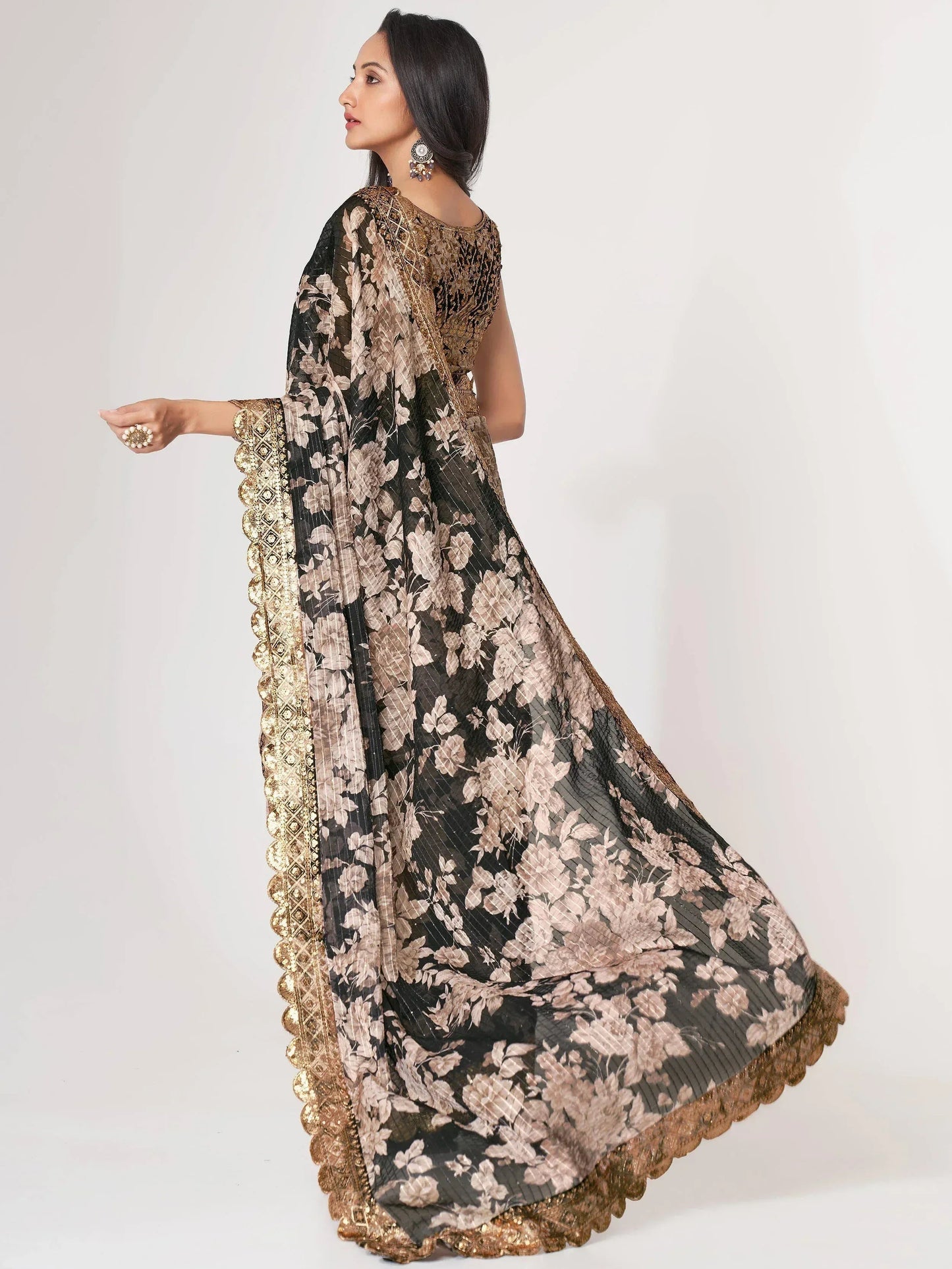 Tulsi Art Captivating Black Floral Printed Organza Events Wear Saree