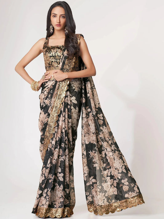 Tulsi Art Captivating Black Floral Printed Organza Events Wear Saree