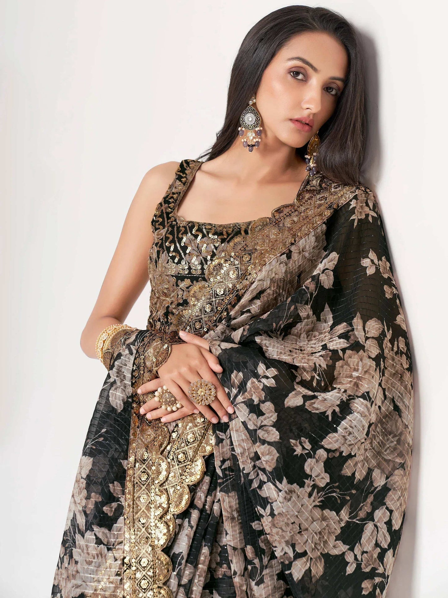 Tulsi Art Captivating Black Floral Printed Organza Events Wear Saree