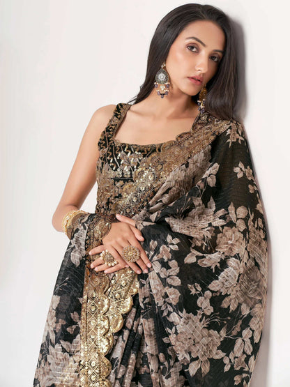 Tulsi Art Captivating Black Floral Printed Organza Events Wear Saree
