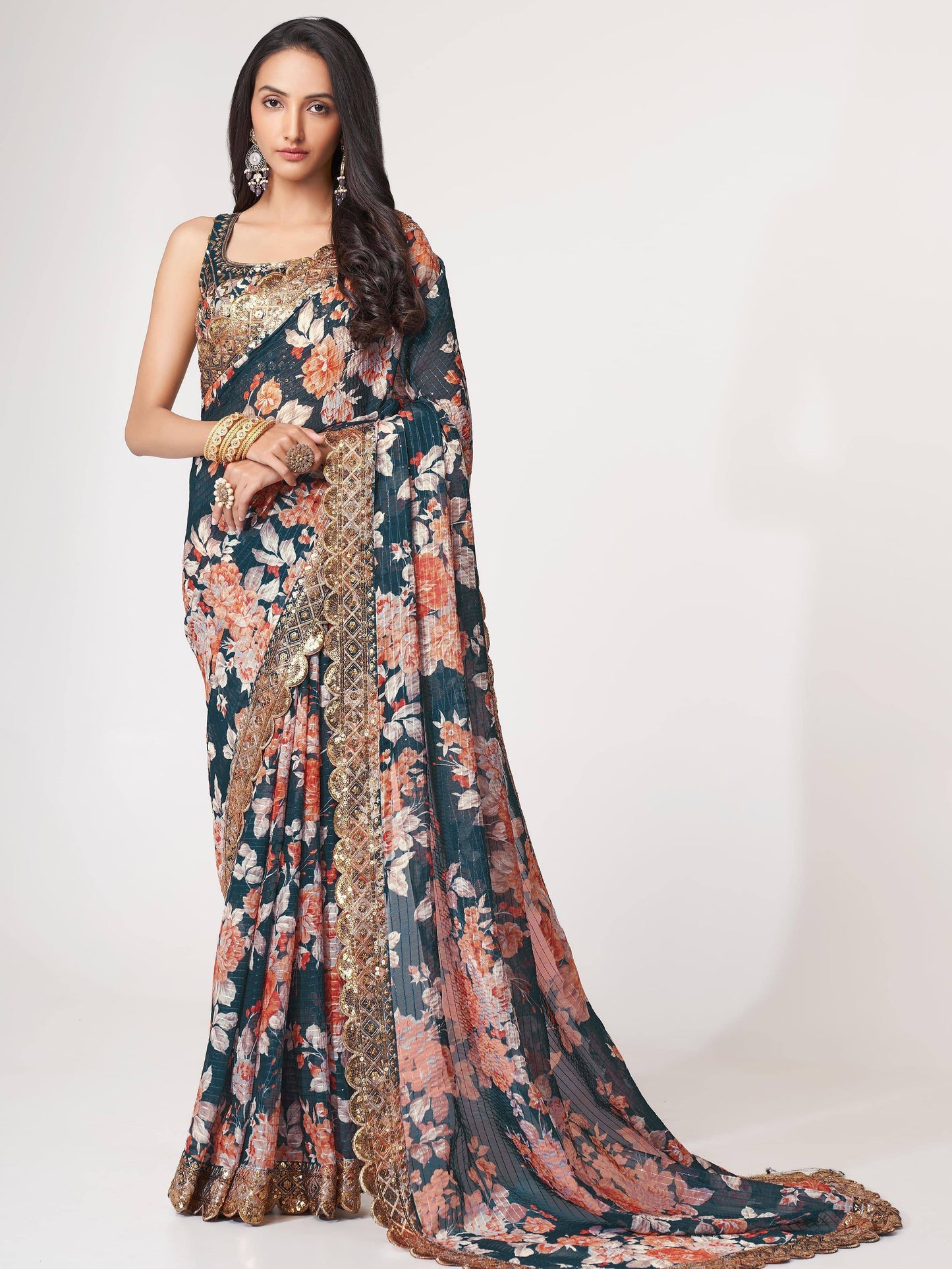 Tulsi Art Fascinating Dove Blue Floral Printed Organza Events Wear Saree With Blouse