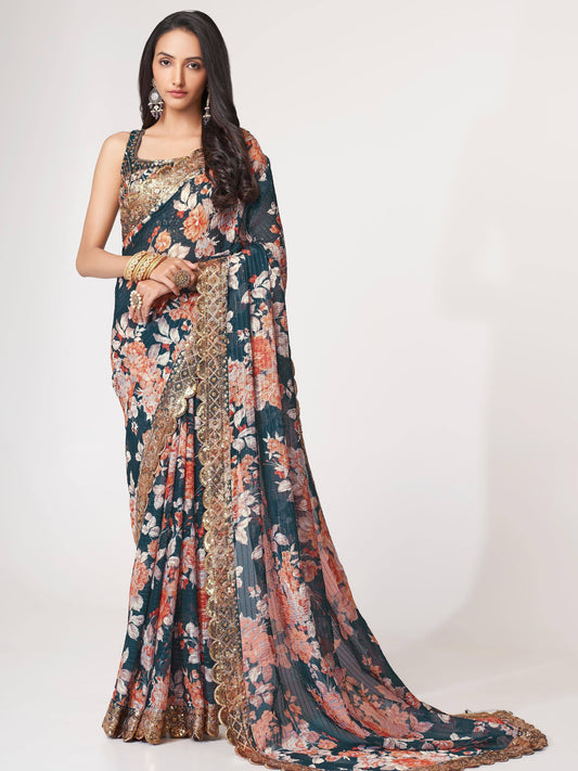 Tulsi Art Fascinating Dove Blue Floral Printed Organza Events Wear Saree With Blouse
