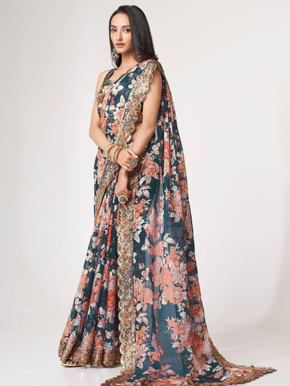 Tulsi Art Fascinating Dove Blue Floral Printed Organza Events Wear Saree With Blouse