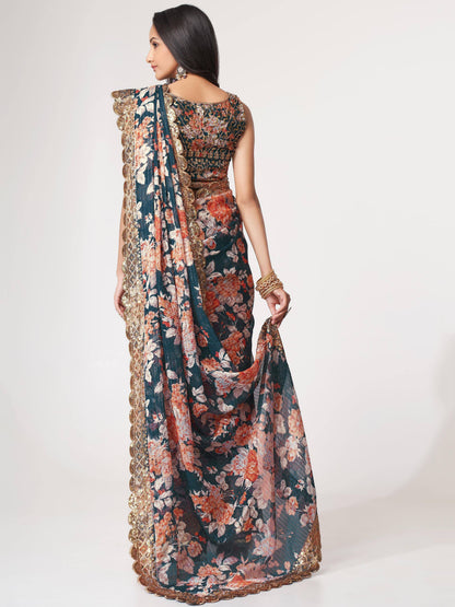 Tulsi Art Fascinating Dove Blue Floral Printed Organza Events Wear Saree With Blouse