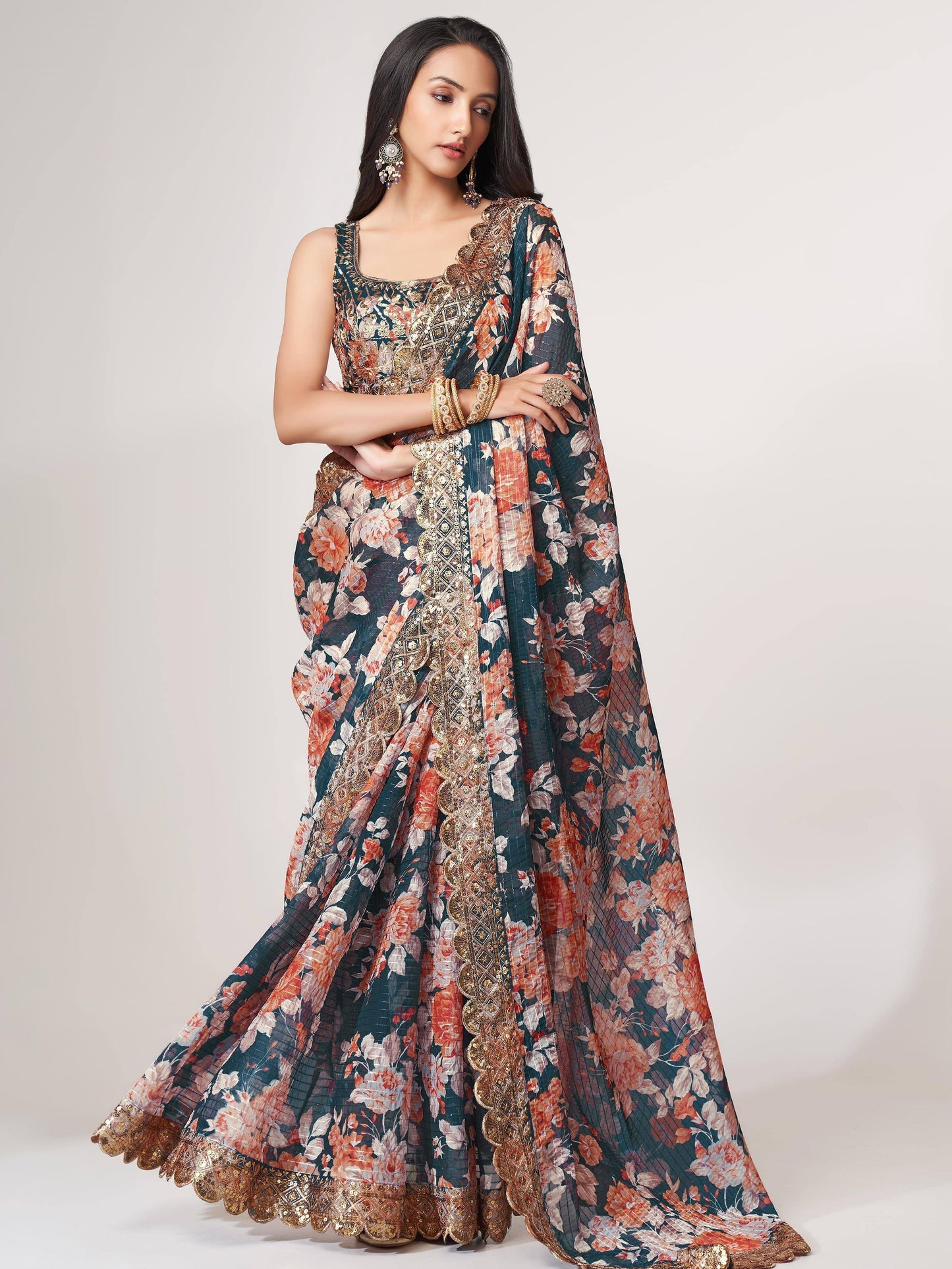 Tulsi Art Fascinating Dove Blue Floral Printed Organza Events Wear Saree With Blouse